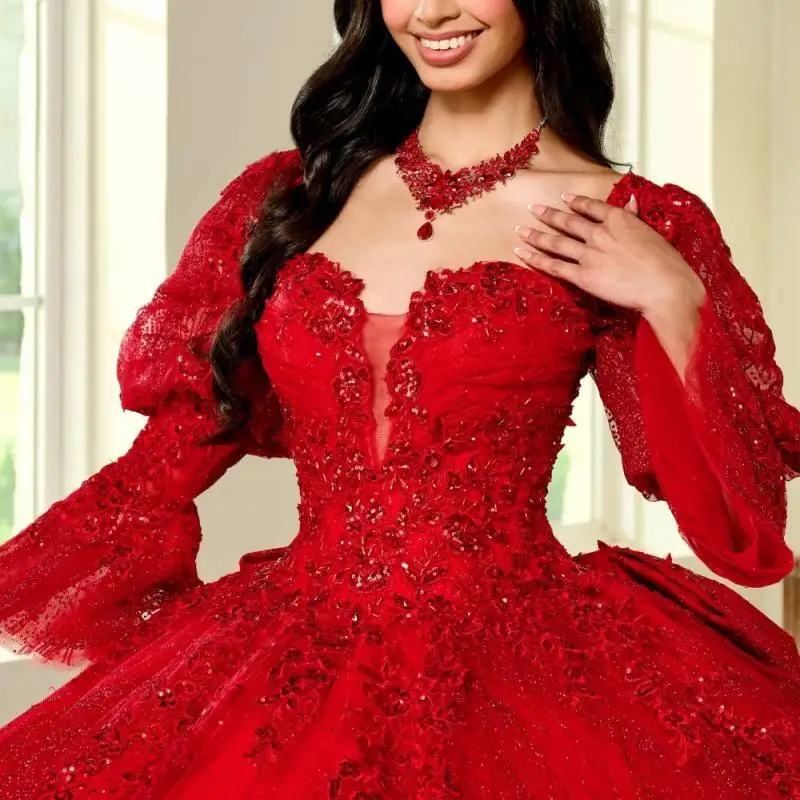 

Fuchsia Quinceanera Dress Ball Gown Puffy Long Sleeve Lace Applique Sequins Beaded Bow Sweet 16 Vestido De 15 Anos