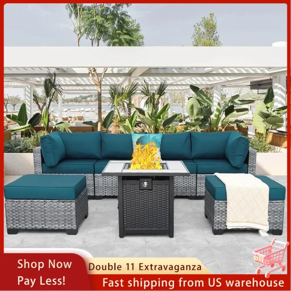 

Patio Furniture Set 7 Pieces Gray Rattan Outdoor Sectional Sofa PE Wicker Conversation Couch Sets with Propane Fire Pit Table