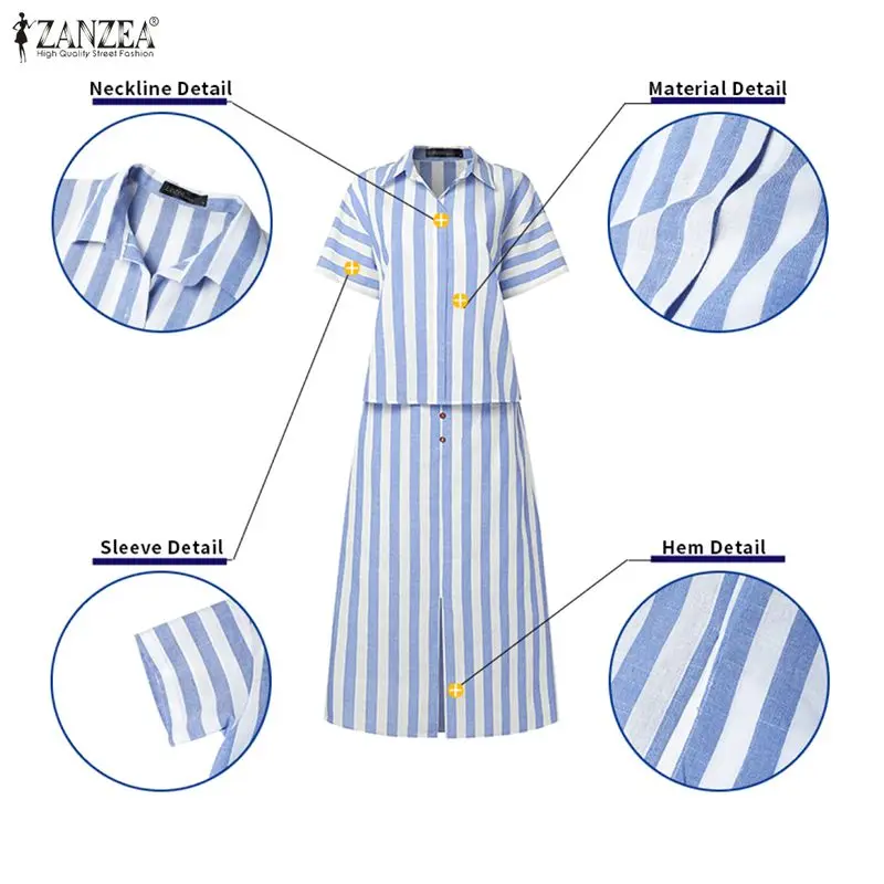 

Элегантный летний комплект ZANZEA 2026: женский костюм из двух предметов – рубашка с коротким рукавом и макси-платье, полосатый спортивный костюм, юбка, стильный деловой наряд для офиса