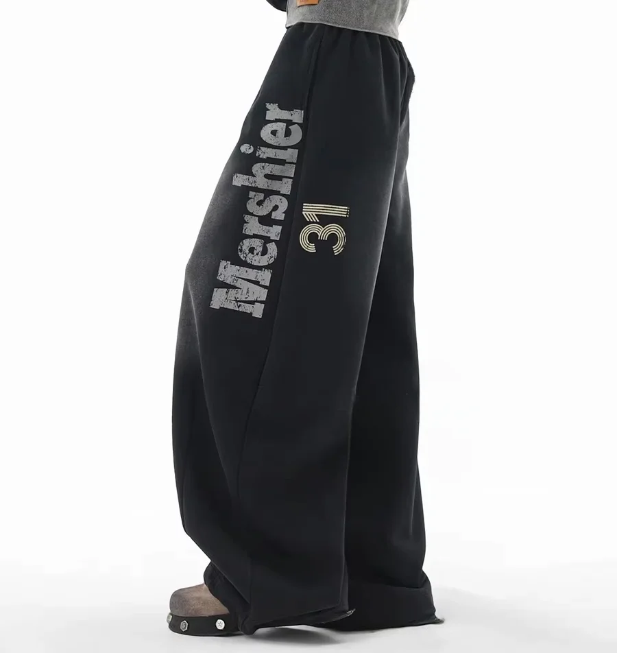 Unisex Schnelltrocknende Sport-Langhose Y2K Gewaschene Distressed-Letter-Print Weites Bein Kordelzug Hip-Hop Streetwear Freizeithose – Detail 5
