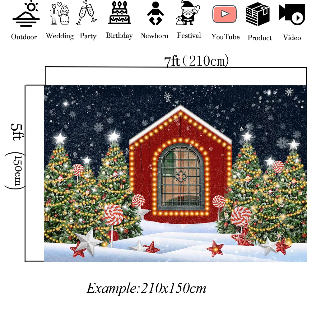 Christmas Eve Red Candy House พื้นหลังสตูดิโอ Photobooth Xmas Tree Snowflake Lollipop Glitter การถ่ายภาพฉากหลังเด็ก Photo