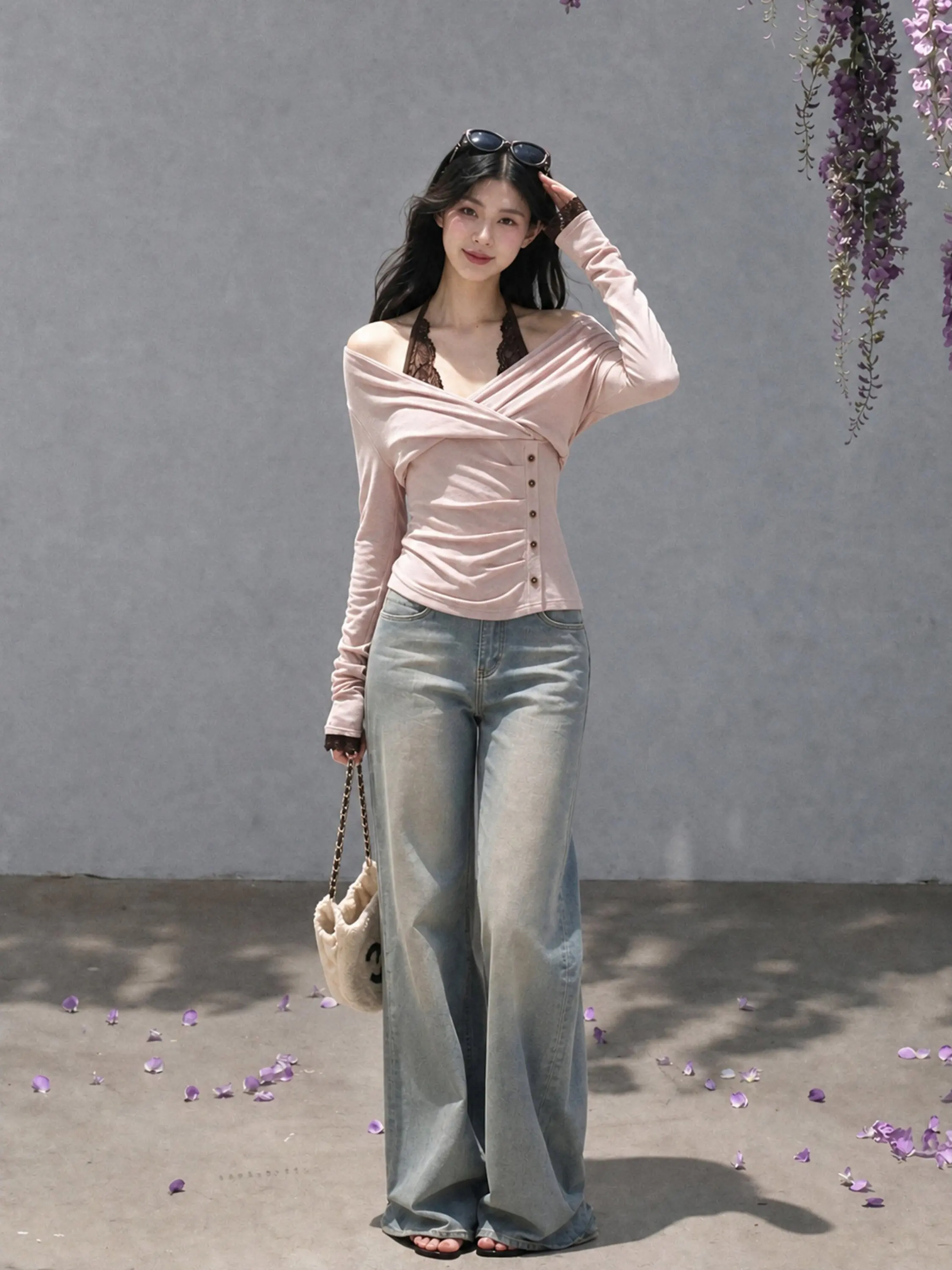Women's Long Sleeve Lace Halter Neck T-Shirt Slim Fit Casual Style Cross Shoulder Pleated Bodice Breathable Comfortable Autum...
