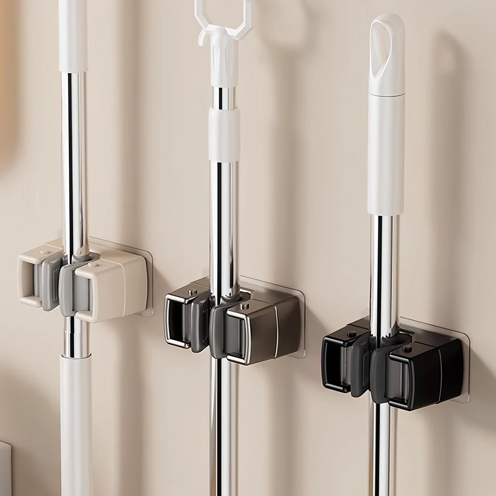 2pcs Wall Mounted Mop Clip Holder No-Punching Mop Brush Broom Hanger Rack Kitchen Bathroom Organizer Holder Hook Accessories