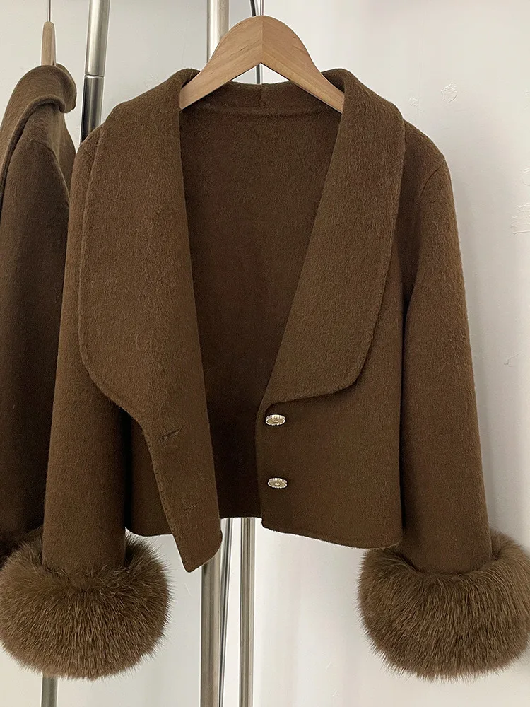 ZMEENNA 여성용 우아한 짧은 울 혼합 재킷 코트 고급스러운 모피 트림 커프스 따뜻한 겨울 아웃웨어 퍼플 ZM4559