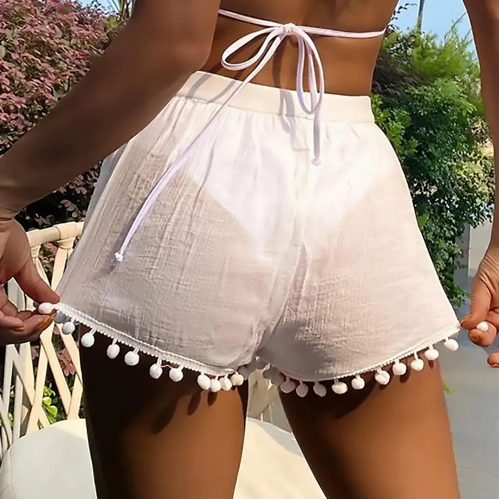 Plush Ball Decor Shorts Stylish Women's Beach Shorts with Plush Ball Decor High Elastic Waist Quick Dry Bikini for Summer