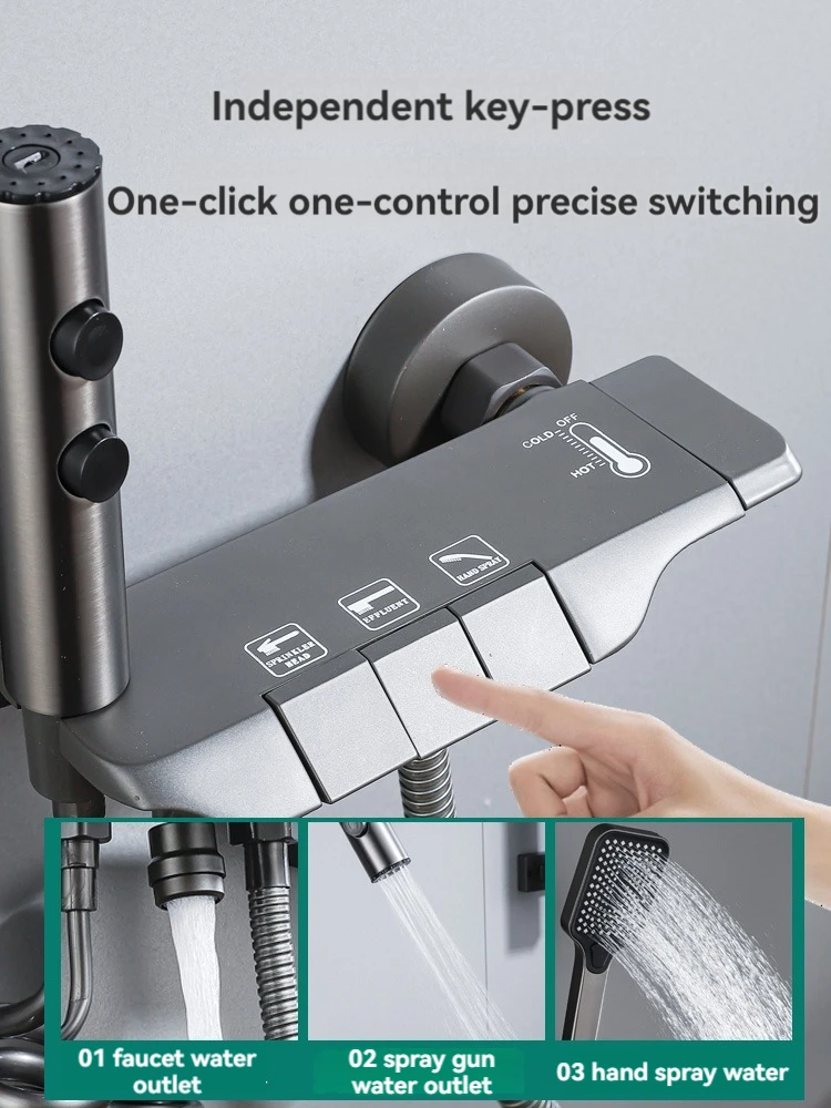 

Набор смесителей для душа, термостатическая Душевая система серого цвета с кнопками пианино, с ручным массажем и струей тела