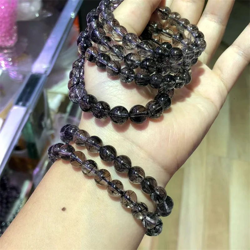 

8mm Natural Black Rutiled Quartz Bracelet Handmade Women Gemstone Crystal Strand Bangles Lovers Girlfriend Jewelry Gift 1PCS