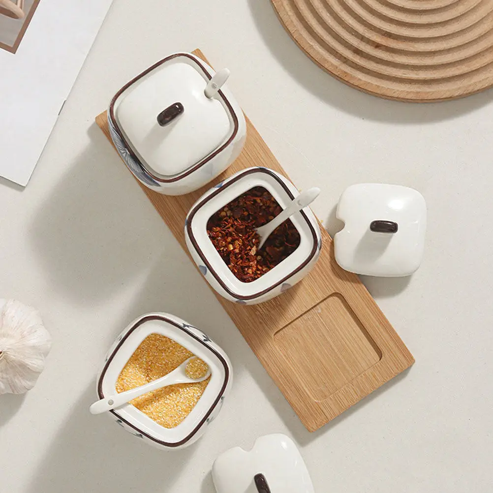 

Набор керамических баночек для приправ с бамбуковыми крышками и ложками, поднос, практичный органайзер для хранения специй на кухне