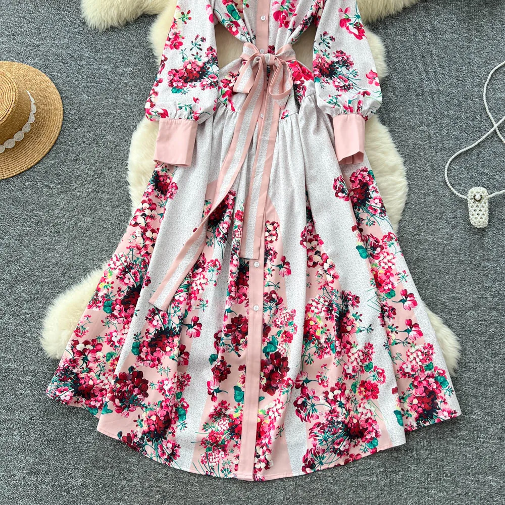 Elegant ฤดูใบไม้ร่วงแขนยาว Maxi ชุดเสื้อผู้หญิงเดี่ยวหลวมขนาดใหญ่ชุดดอกไม้หญิงสาย Casual Vestidos