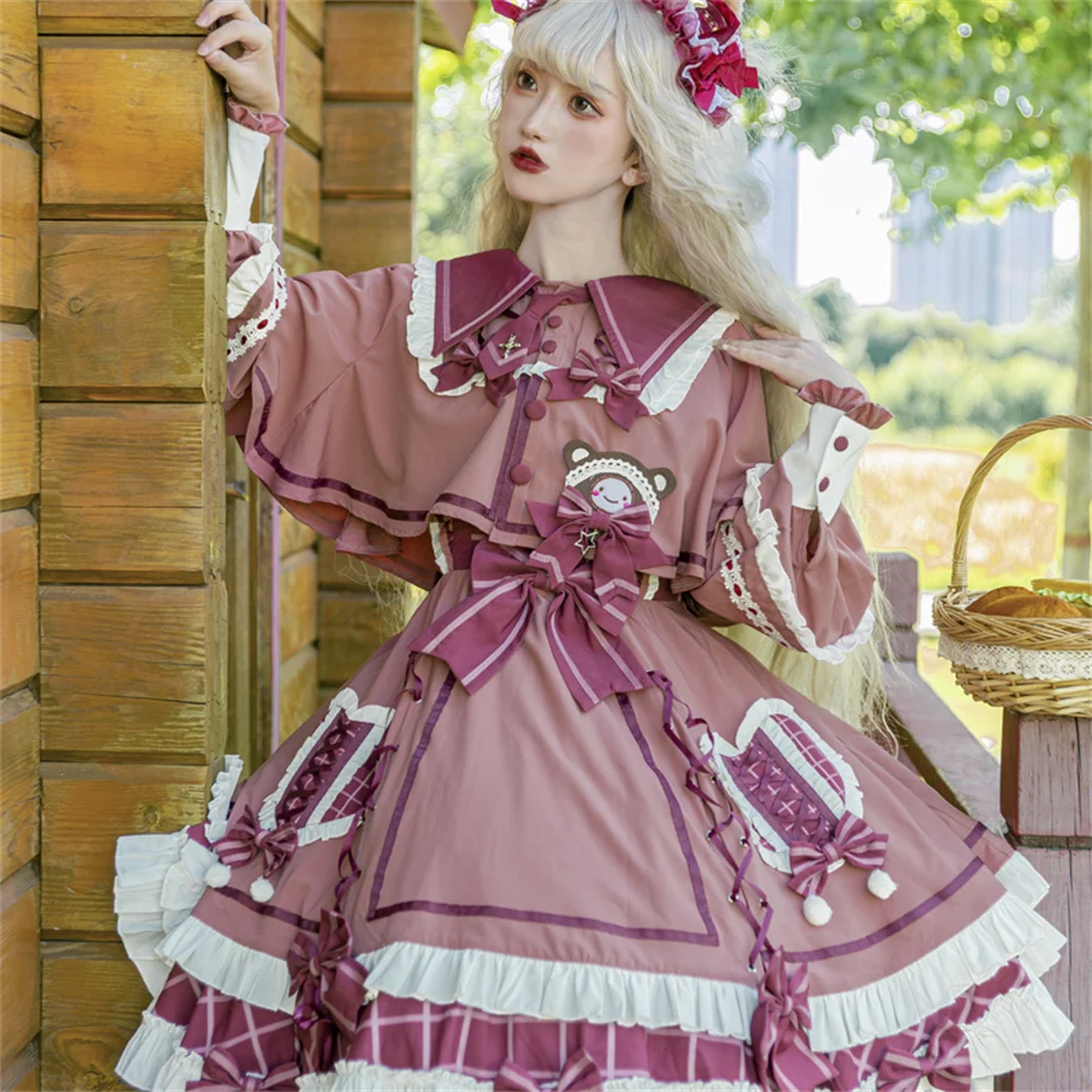 Berry Small Bear Cute Girls Laciness Big Hem Lolita Dress cinturino a vita alta reticolo Bowknot Sweet Vestidos Cosplay Lolita Jsk