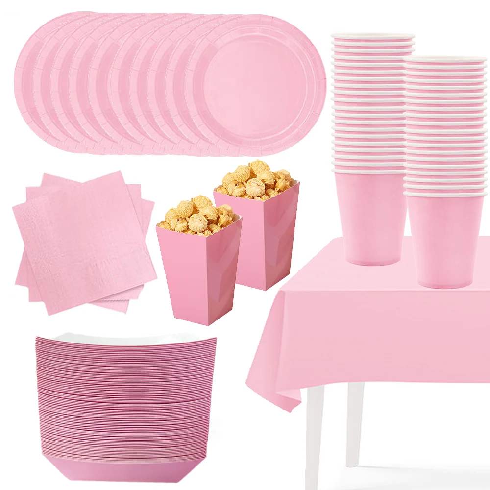 Solide hellrosa Thema Super Mädchen Geburtstag Party Einweggeschirr Tassen Teller Tischdecken Kind Babyparty Hochzeitszubehör