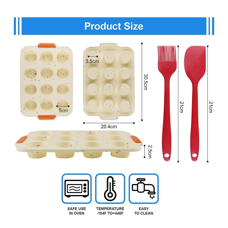 Silicone Non Stick Muffins Pan 2 Pack,Cupcake Baking Pan For 12 Cups,Baking Mould,For Brownies,Muffins,Pudding