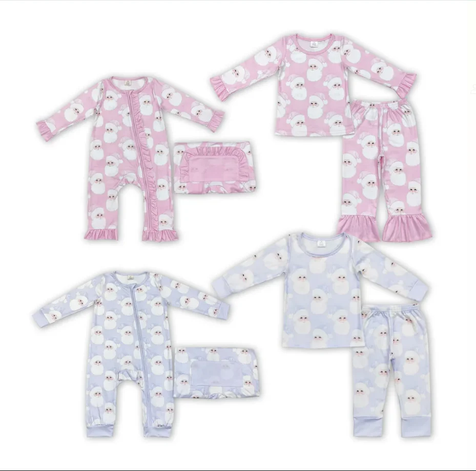 طفل صبي فتاة سانتا طباعة الأخوة عيد الميلاد الخيزران السروال القصير الأطفال الوردي والأزرق حللا الملابس