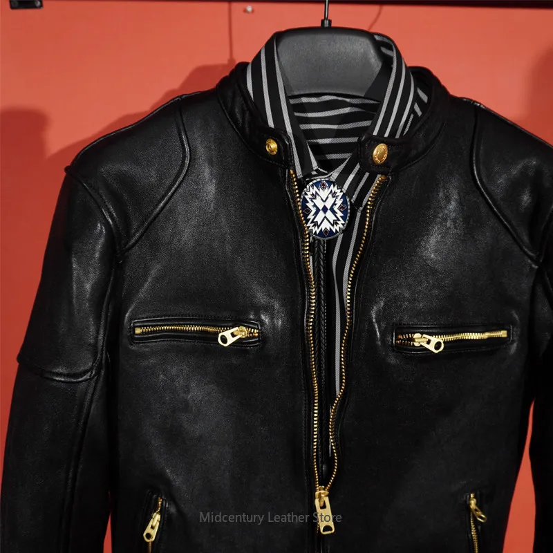 American Vintage Stand-Up Collar Locomotive Italian Washed J100 Vegetable Tanned Sheepskin Leather Slim Fit Jacket
