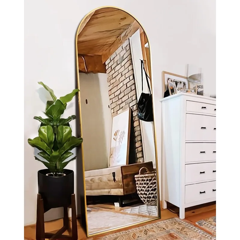 Floor Mirror, Full Length Mirror with Bracket, Arched Wall Mirror, Full Length, Gold Freestanding Floor, Bedroom