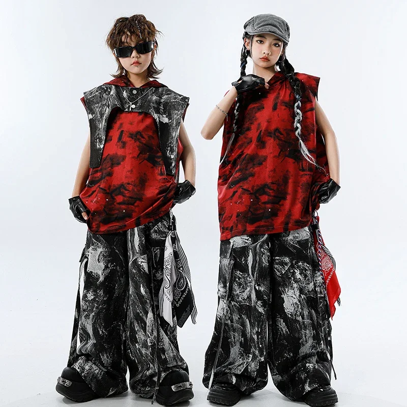 

Jazz Dance Outfits For Boys Girls Catwalk Show Streetwear Modern Performance Costumes Children's Hooded Top Hip Hop Pants XH2614
