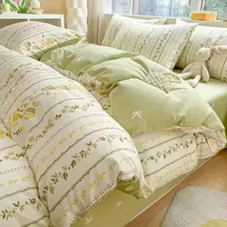 Green Floral Bedding Set Ins Fashion Twin Full Queen Size Duvet Cover No Filler Flat Sheet Pillowcase Girl Home Totel Bed Linens