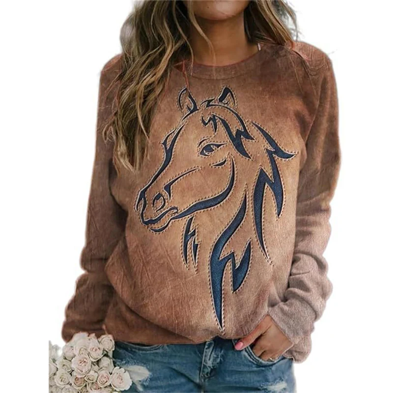 Autumn Horse Sweatshirts Animal 3D Print Hoodies Women Fashion Long Sleeve Y2k Hoodie Oversized Pullovers Tops Female Clothing