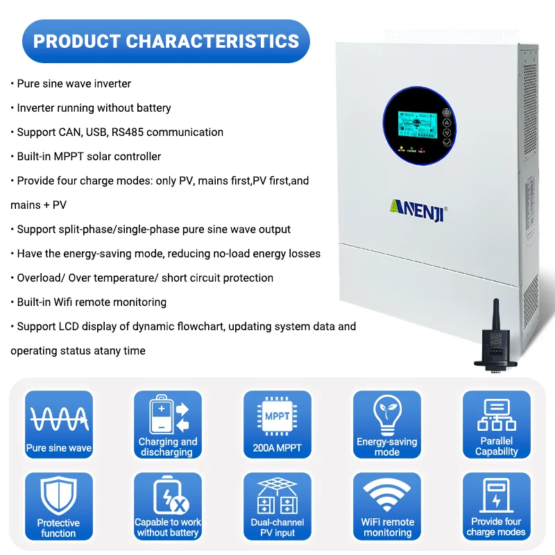 ANENJI 15kWh 51.2V 300Ah Lithium LiFePO4 Battery+12kW 48V Split Phase Inverter Off-grid Inverter for Home Backup Emergency BMS