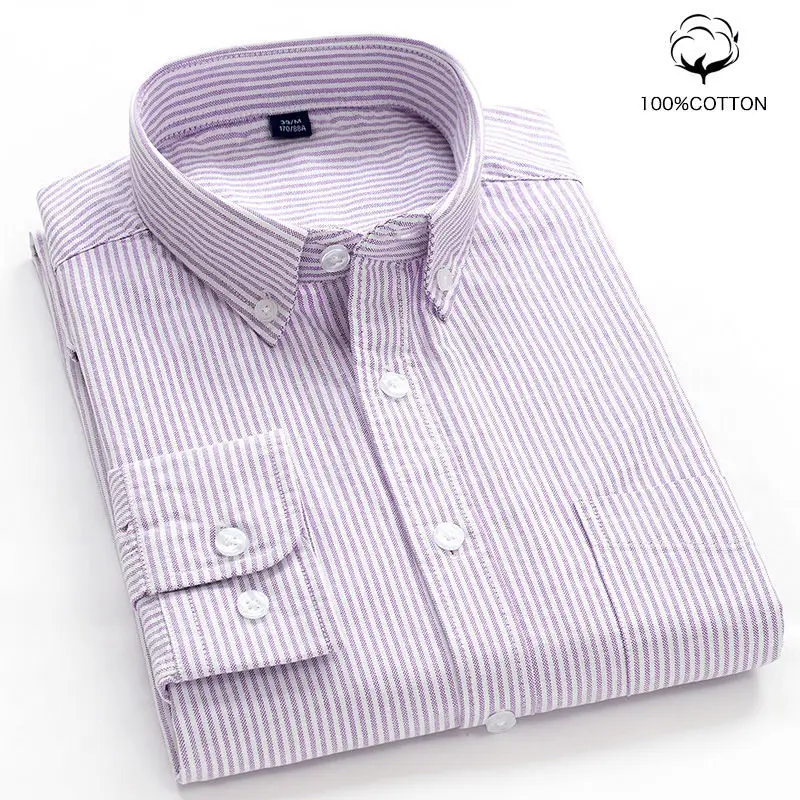 100% Cotton Men's Casual Long-Sleeved Shirt Spring Autumn Oxford Full Cotton Shirt Plaid Print Stripe Formal Dress Shirt Male