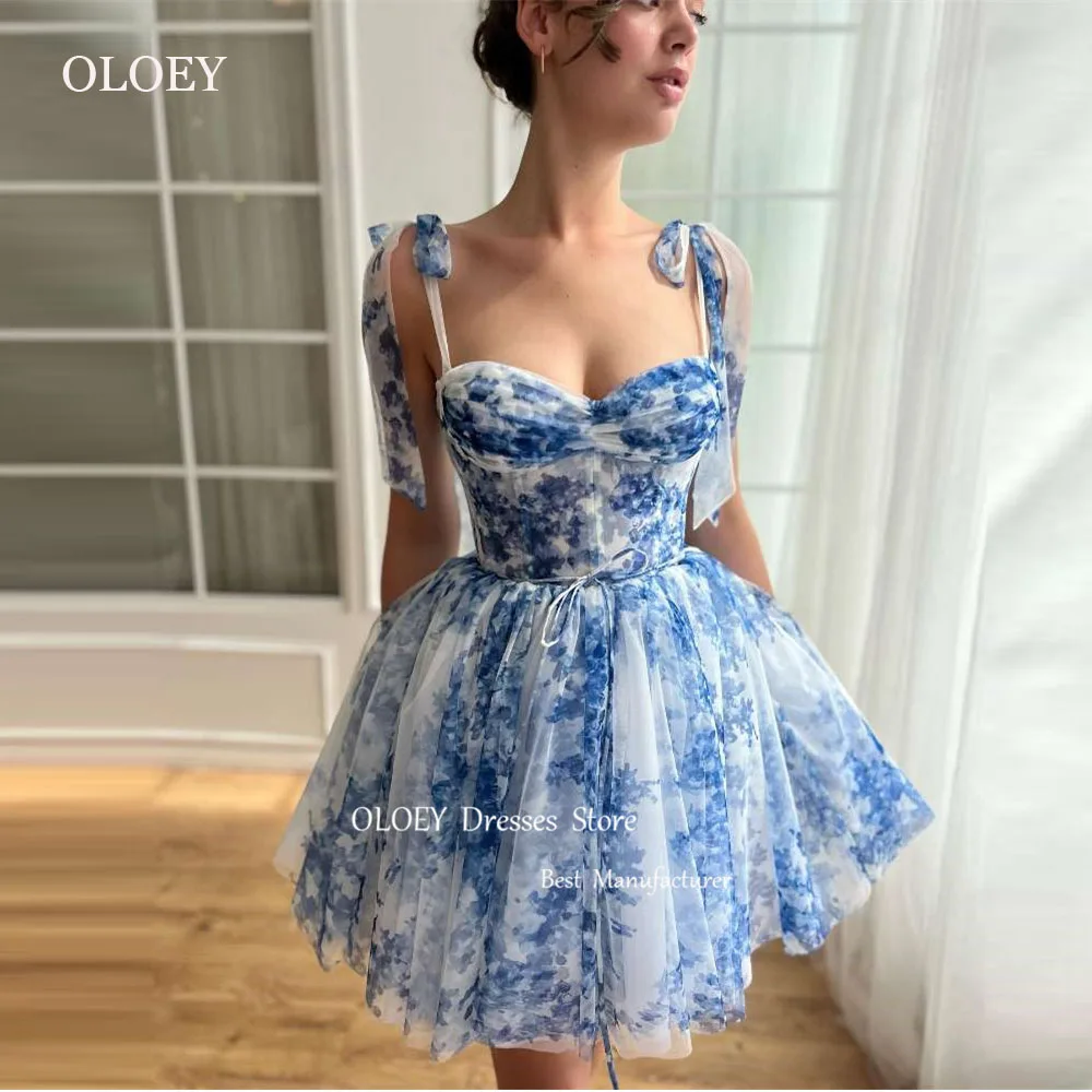 

OLOEY Blue Printed Tulle Mini Short Prom Party Dresses Adjustable Straps Sweetheart Summer Skirt Evening Formal Event Gowns