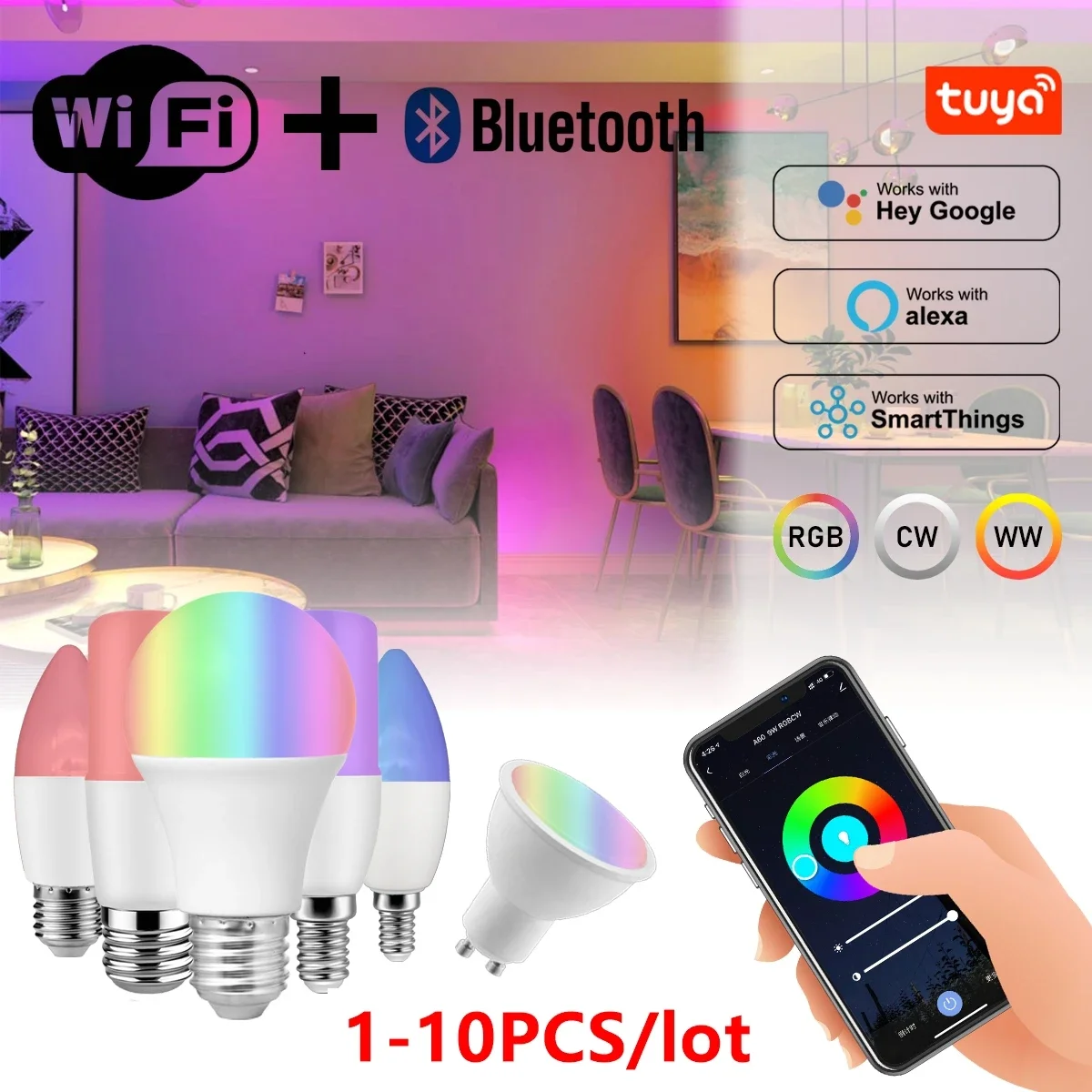 

tuya Rgb Smart Light Bulb Dimmable Gu10 C37 A60 B22 E14 E27 Wifi Led Magic Lamp AC 110V 220V 6W 10W Work With Alexa Google Home