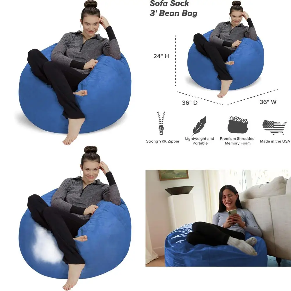 

Плюшевое ультрамягкое кресло-мешок из пены с эффектом памяти с чехлом из микрофибры - идеально для общежитий, 3 фута - Королевский синий
