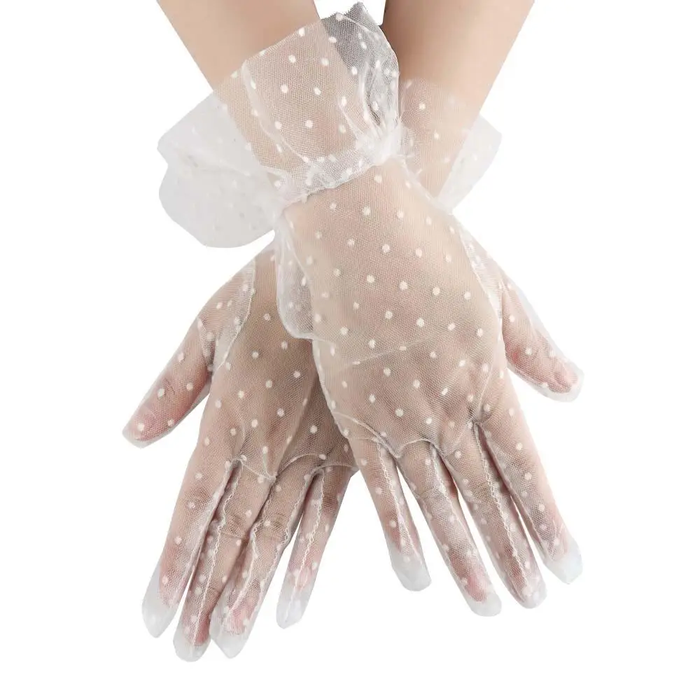 Tulle Autumn Summer Full Finger Lotus Leaf Stretchy Cycling Women Lace Gloves Korean Style Polka Dot Gloves Lace Gloves