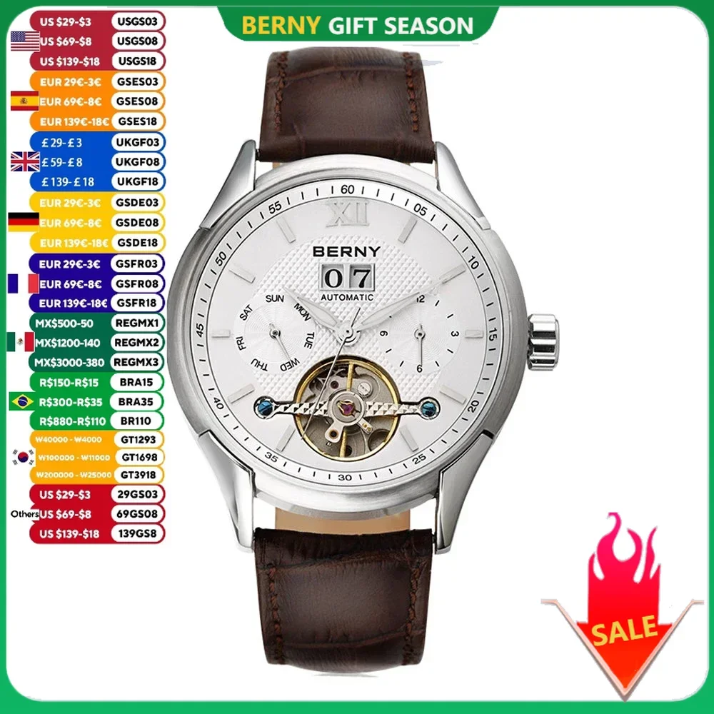 BERNY Automatic Watch for Men Auto Self-wind Mechanical Watches Day-date Skeleton Design 2L55 Move 5ATM Luxury Male Wristwatches