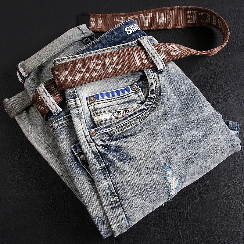 Newly Fashion Designer Men Jeans Retro Washed Blue Stretch Slim Fit Ripped Jeans Men Printed Vintage Casual Denim Pants Hombre