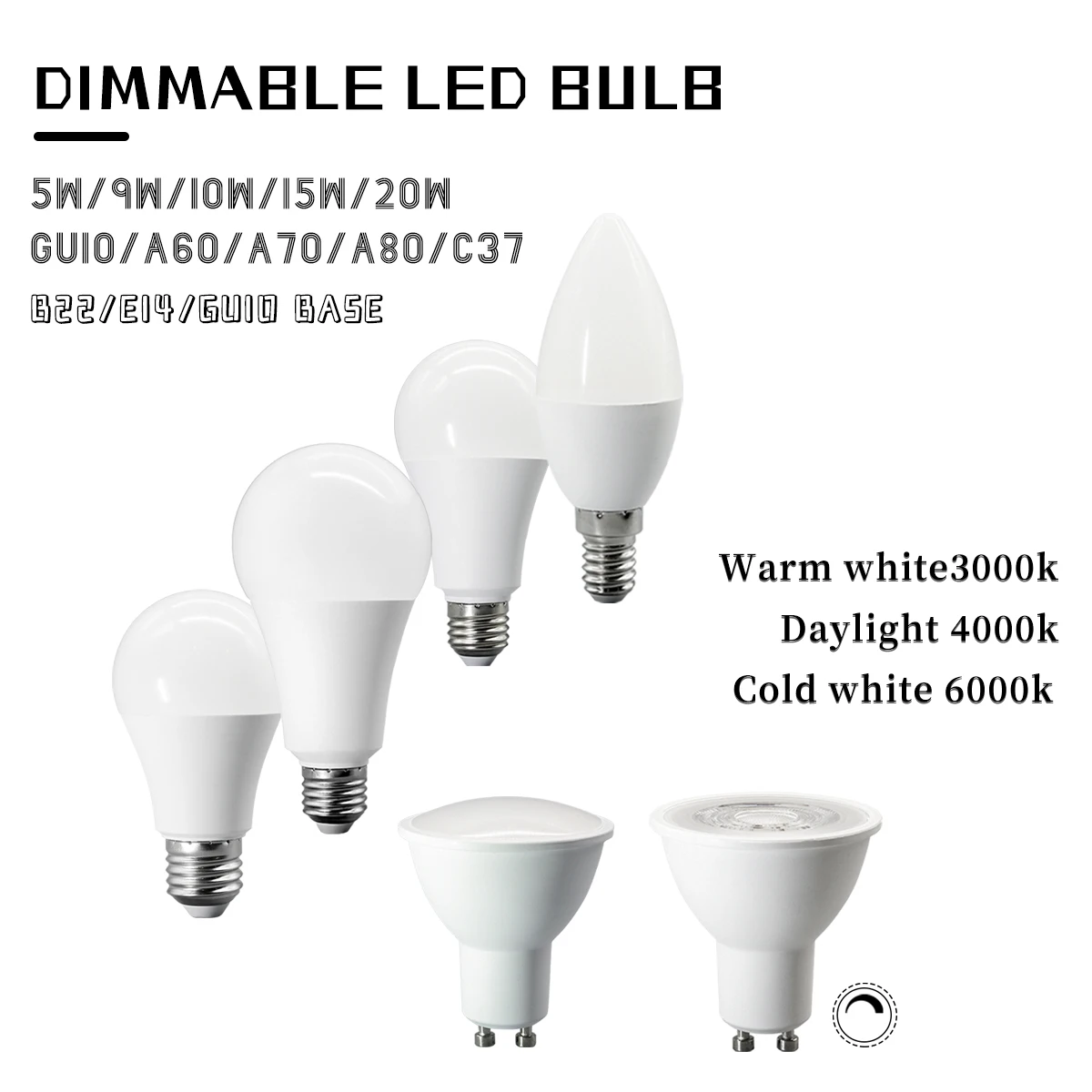 8개 E14 E27 GU10 LED 디밍 가능 전구 0-100% 디밍 3가지 색상 3000K 4000K 6000K 깜빡임 없는 조명 베이오넷 라이트 램프