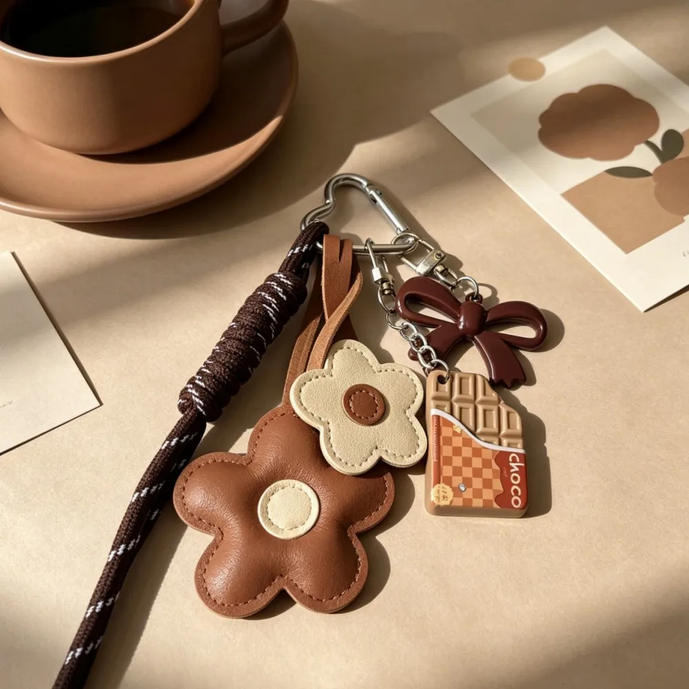 Flower Leather Bag Charm Keychain, Braided Cord & Acrylic Chocolate Bow, Cute Food Floral Accessory for Women Girls image 2