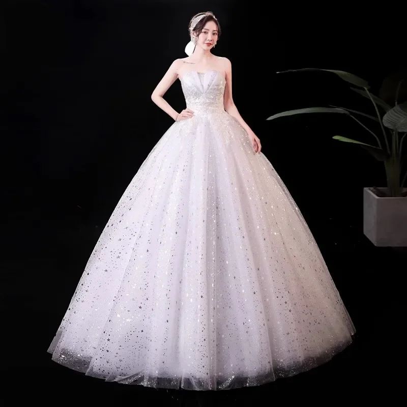 Cheap Wedding Dresses White Bling Tulle Appliques Strapless Lace up Princess Floor-length Plus size Simple Bride Ball Gown XN053