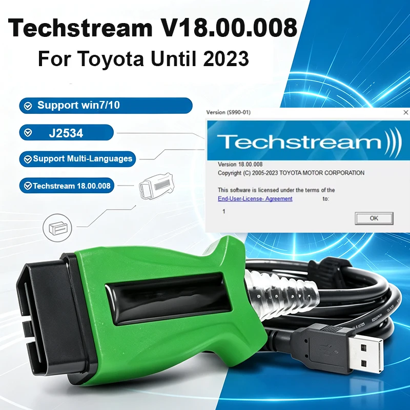 techstream-1800008-j2534-パススルーケーブル（toyota-2、toyota2、tis、dlc3、obdii、obd2対応）。2023年までの車両診断用スキャナー。