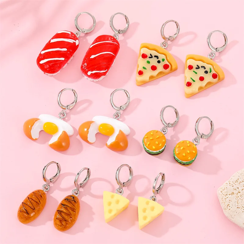 Creative Lovely Food Hoop Earrings For Women Children Gift Cute Interesting Egg Hamburger Pizza Circle Pendant Earring Jewelry