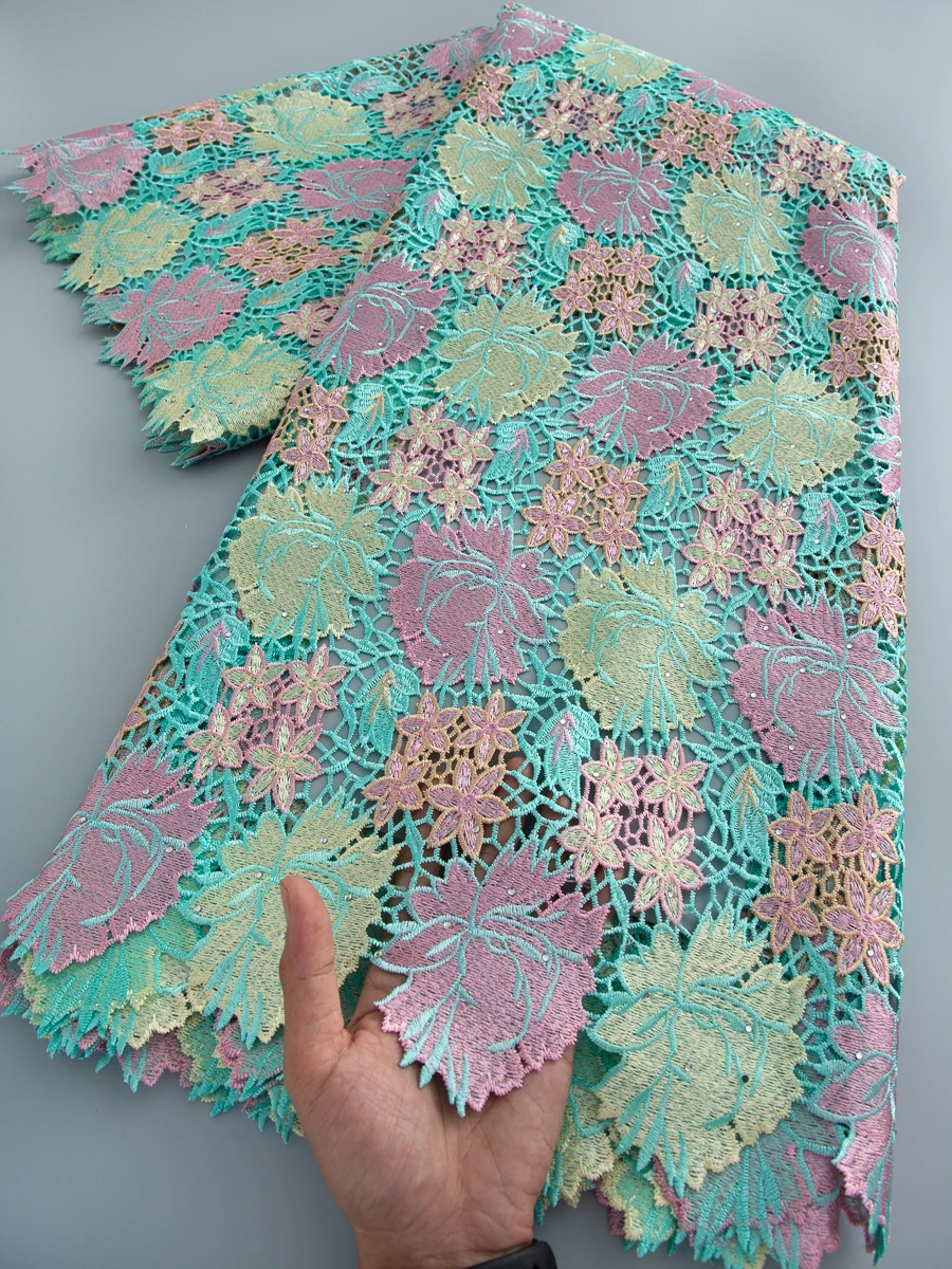 

5Yards Holes Water Soluble Lace Fabric With Rhinestones 2026 High Quality African Guipure Cord Lace Fabric For Wedding Dress4889