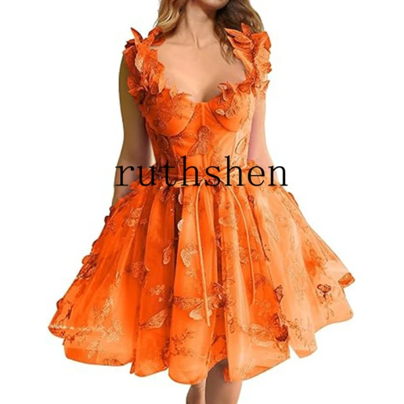Short Prom Dress Spaghetti Straps Mini Cocktail Dress 3D Butterflies Elegant Ladies Birthday Graduation Party Gown Customized
