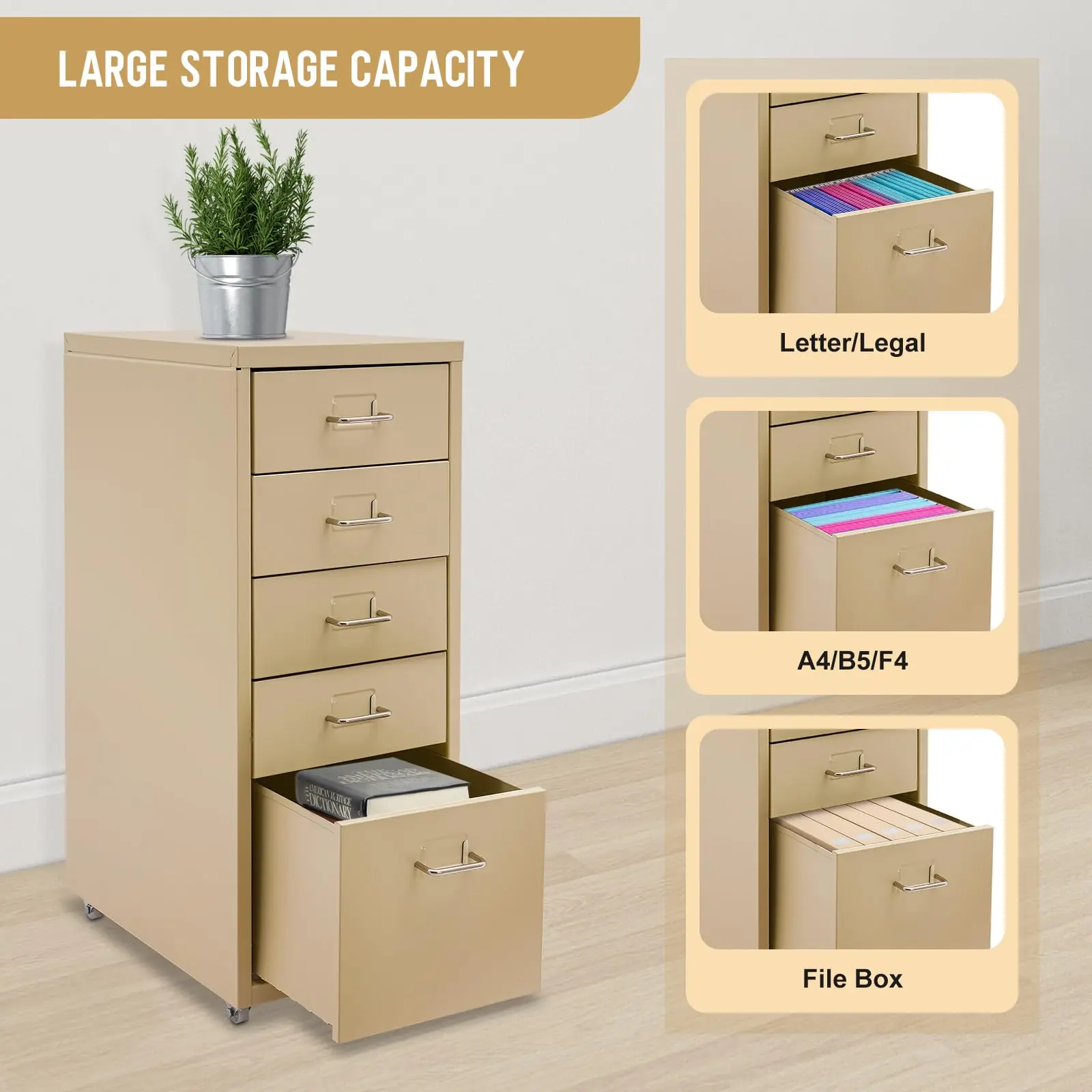 خزانة تخزين الملفات المعدنية، 5 أدراج تحت خزائن الملفات المكتبية بعجلات، أثاث المكاتب المنزلية المتنقلة لـ A4 Legal/Letter Si