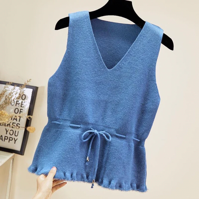 

2021 Autumn Winter Knitted Vest Coat Waist Closing Trend Waistcoat Women Wear Loose Korean V-neck Pullover Girl Student Blue