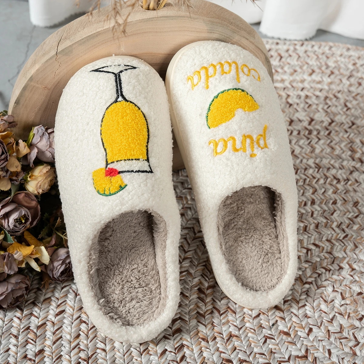 Pina Colada Embroidered Cup Pattern Women's Winter Slippers Warm Comfortable Indoor Anti Slip Leisure Home Plush Couple's Shoes image 5