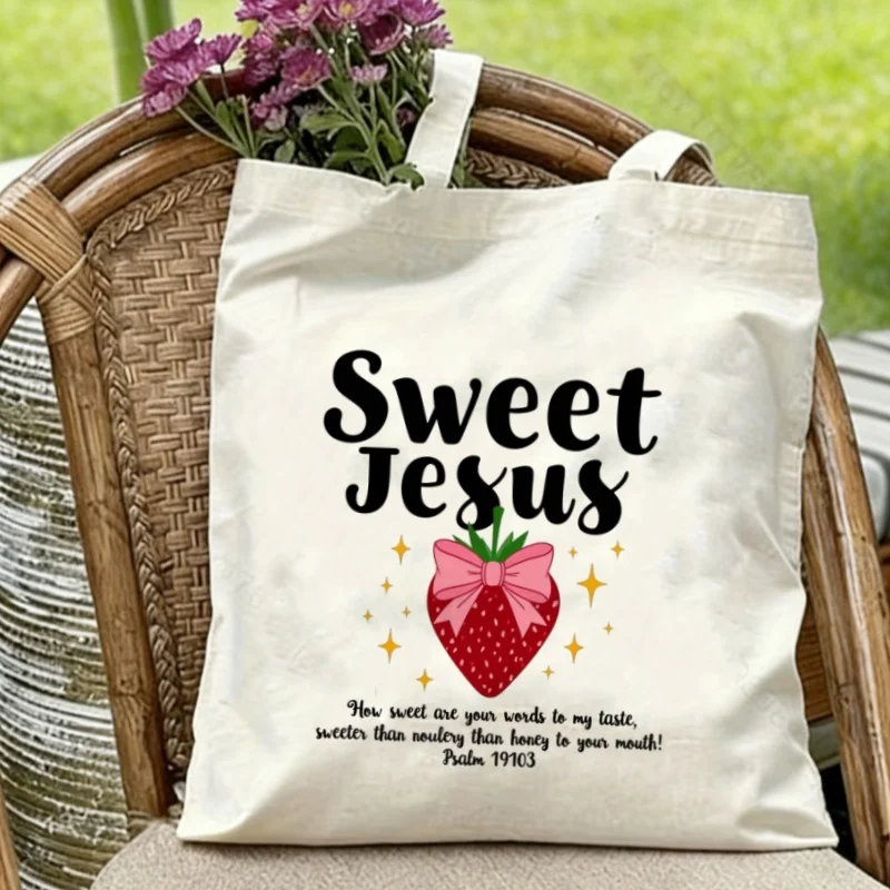 

1PC Sweet Jesus Strawberry Bible Verse Canvas Tote Eco-friendly Reusable Shoulder Bag