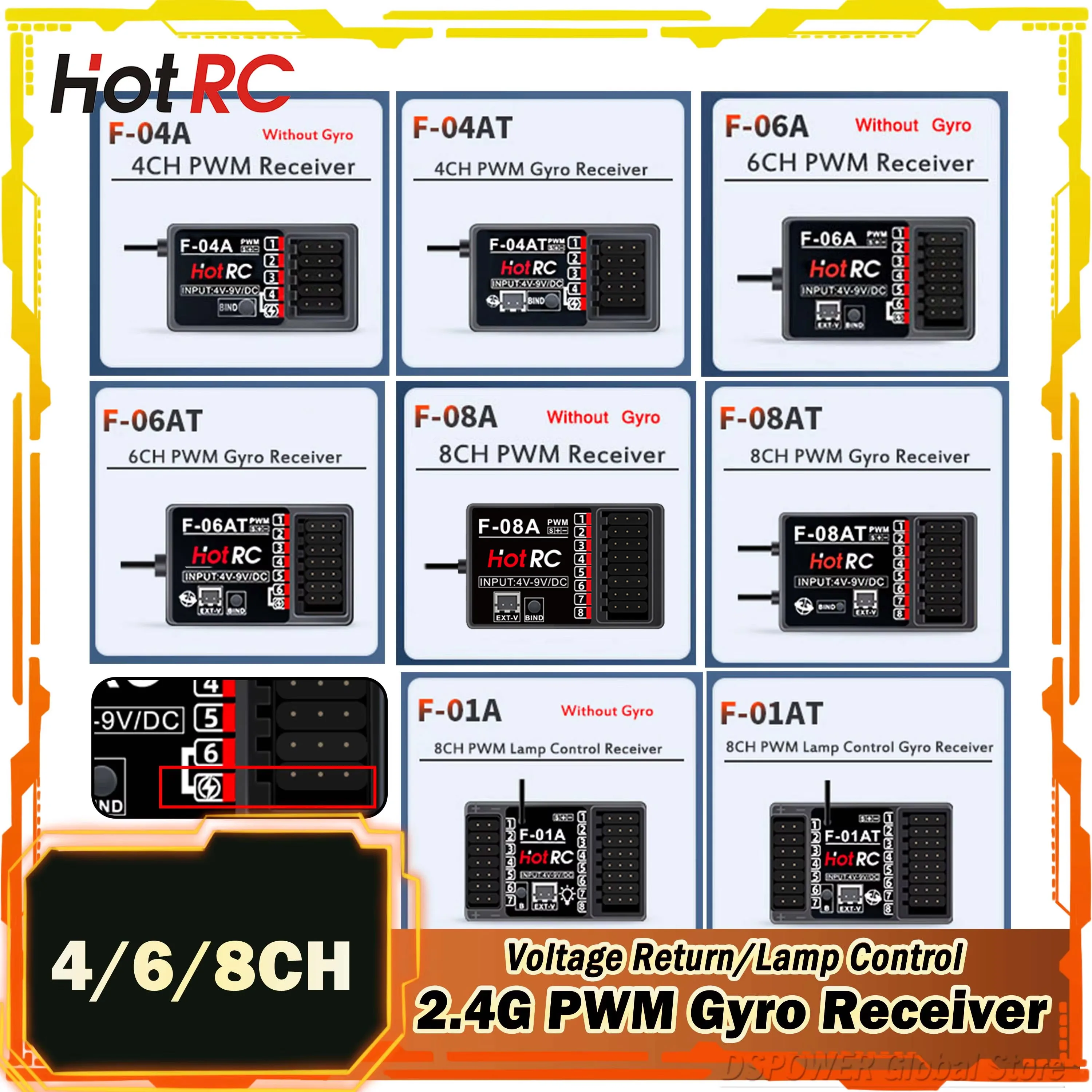 

HotRC 4/6/8CH F-04AT F-06AT F-08AT F-01A F-01AT 2.4G Gyro Receiver Voltage Return PWM Lamp Control for RC Car Aircraft Tank Boat