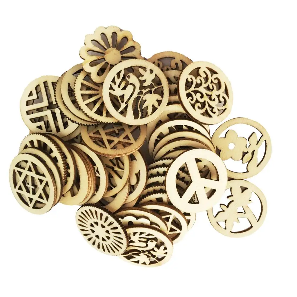 100 Pieces Mixed Hollow Round Unfinished Wood Pieces Embellishments