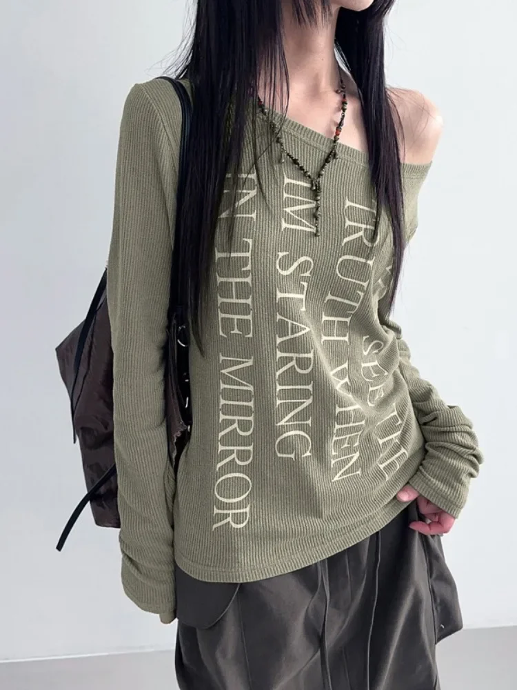 Y2k Esthétique Slash Cou Vintage T-shirts Occasionnels Streetwear Lettre Impression Grunge T-shirts Femmes Harajuku Simple 2024 Automne T-shirt