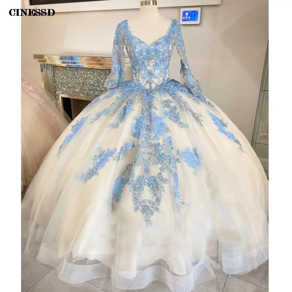 Vestidos De quinceañera azul cielo, Vestido De baile con cuello en V, Charro XV, tul, mangas largas De ilusión, apliques, 15