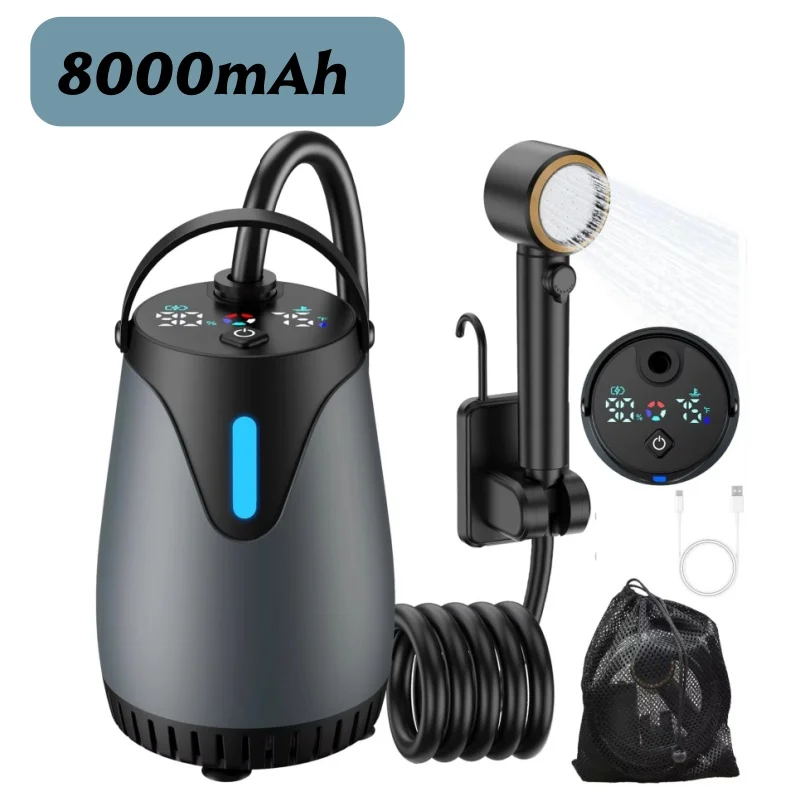 8000mAh Portable Camping Shower Kit Rechargeable Waterproof Outdoor Pump with Intelligent LED Display for Travel Car Pet