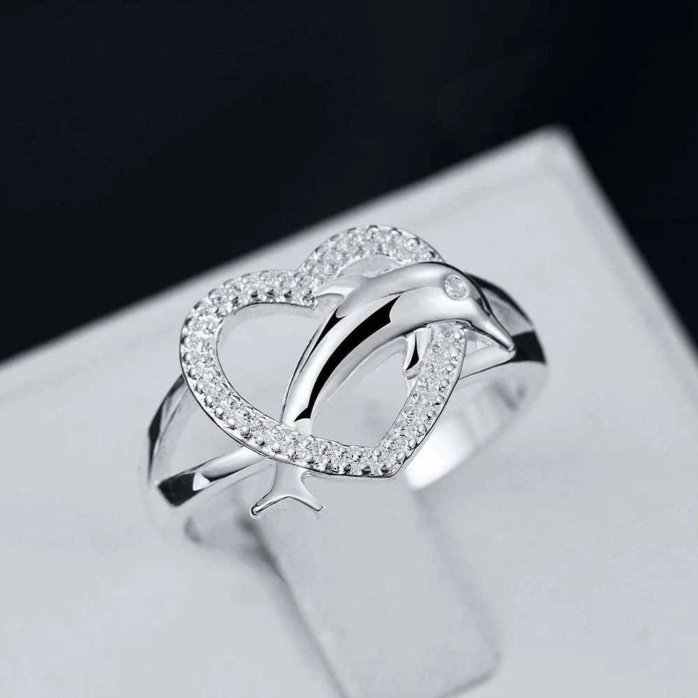 

High Quality 925 Sterling Silver Fine Love Dolphins Heart Rings for Women Couple Gifts Fashion Party Wedding Jewelry