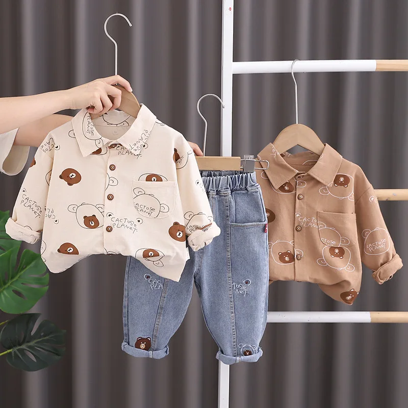 Baby Boys Fashion Clothing Set Autumn Spring New Full Print Cartoon Bear Long Sleeve Shirt+Jeans 2Pcs For 1-5Y Kids Casual Suit