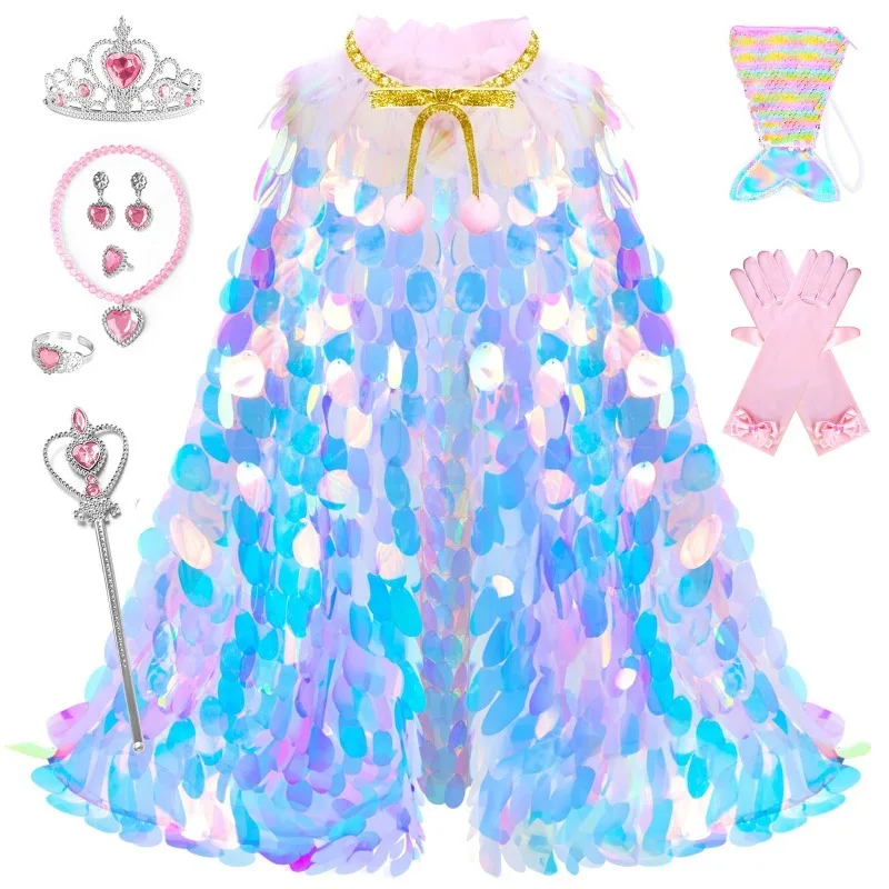 Shiny Fish Scale Cape & Mermaid Crown Set for Girls, Sequined Princess-Style Cape, Outfit Set for Birthday Photoshoots & Parties