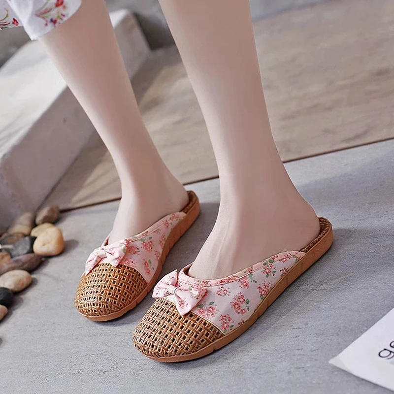 

Summer Shose Women Slippers Beach Flip Flops Breathable Linen Flat Slippers Female Casual Flax Bow Ladies Slippers Sandals Shoes